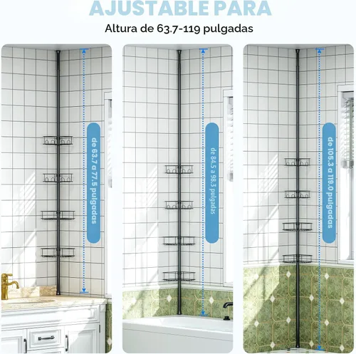 Miniatura 5 de Poste de tensión de esquina para ducha, estantes organizadores de baño ajustables de 4 niveles, almacenamiento interior de ducha con gancho oculto