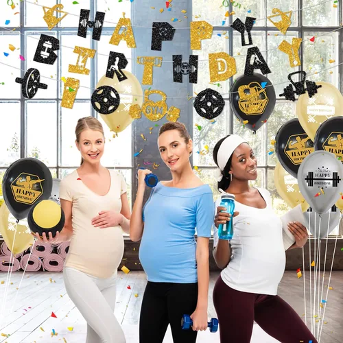 Miniatura 7 de KEFAN Decoraciones de fiesta de cumpleaños de gimnasio, suministros de fiesta temática de fitness negro y dorado con globos de látex, decoración