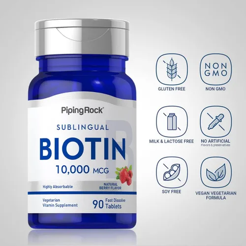 Miniatura 3 de Piping Rock Biotin - Tabletas de disolución rápida de 10000 mcg 90 unidades Píldoras sublinguales con sabor a bayas Máxima fuerza y alta