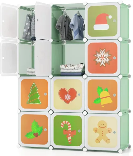 Miniatura 16 de HONEY JOY Armario para niños, organizador de almacenamiento de ropa de dibujos animados para bebés, 8 cubos y 2 secciones para colgar, armario Azul