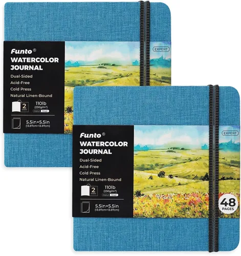 Funto Diario de Acuarela, Cuadrado, 5.5x5.5, Portátil Paquete de 2, 48 Páginas Cada Uno, Cubierta Azul, 110lb/230gsm, Suministros de Arte para
