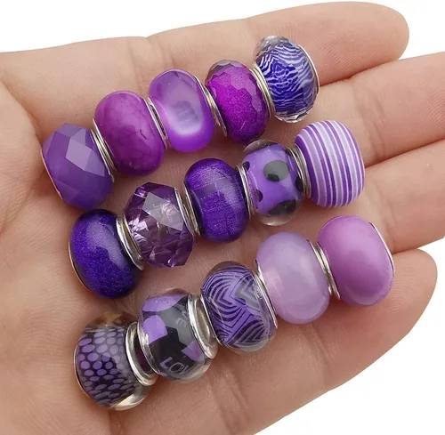Miniatura 5 de 50 piezas de cuentas surtidas de resina púrpura de imitación de vidrio europeo con agujeros grandes, cuentas de diamantes de imitación de metal