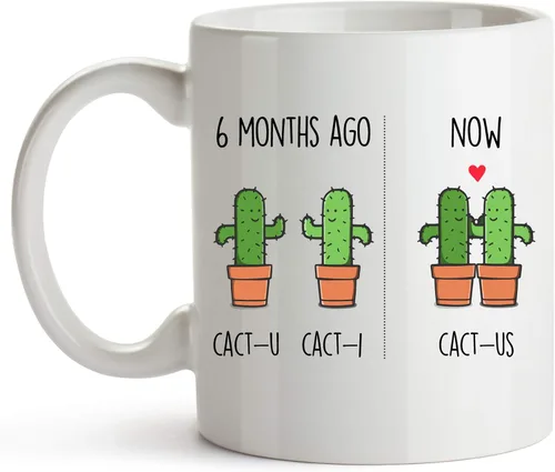 Miniatura 7 de YouNique Designs Taza de 6 meses, 11 onzas, Divertido 6 Taza de café de meses para novio y novia, Taza de aniversario de citas (mango negro)