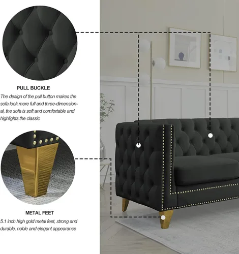 Miniatura 9 de Modern 3 Seater Couch Black Velvet Sofa Upholstered Button Tufted Nailhead Trim, Square Arm Loveseat Sofa, Sturdy Golden Metal Legs, 80.5'' Couch
