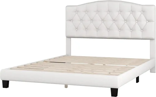 Miniatura 5 de DSHADE Base de cama Queen con plataforma tapizada de lino moderno, base de cama de madera maciza beige con cabecero, detalles capitoné de diamante