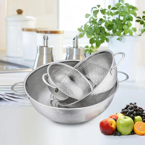 Miniatura 2 de P&P CHEF Colador de 3 coladores microperforados de acero inoxidable para drenar y enjuagar, ideal para pasta, verduras, frutas, resistente y apto
