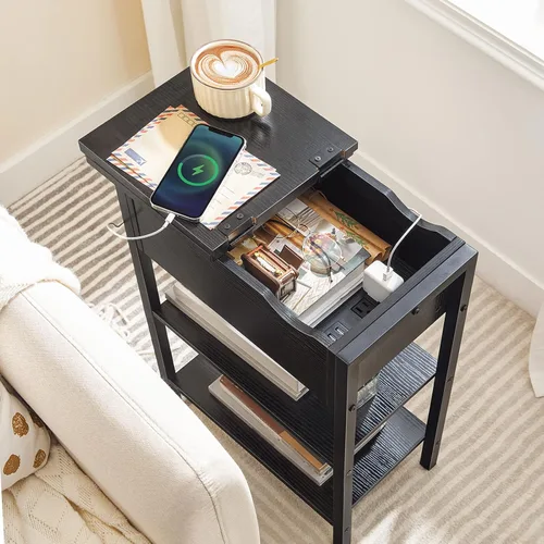 Miniatura 7 de HOOBRO - Mesa auxiliar lateral, mesa de centro abatible con estación de carga y estantes, puertos USB y tomas de corriente, mesita de noche estrecha