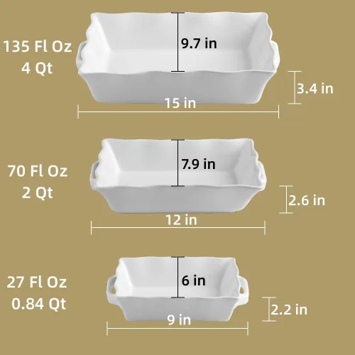 Miniatura 7 de Sweejar - Platos de cacerola para horno, juego de 3 utensilios de cerámica, molde rectangular de hornear con asas, molde para lasaña de borde rojo