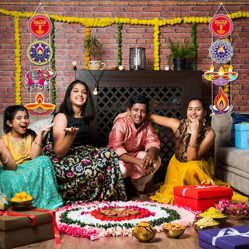 Miniatura 7 de Hotop 2 carteles colgantes con temática de Deepavali de 78 x 11.4 pulgadas, decoraciones Diwali para el hogar, festival de luces, fiesta, puerta