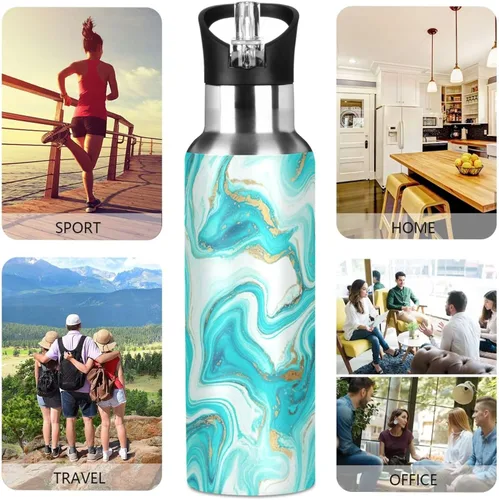 Miniatura 5 de Stainless Steel Vacuum Insulated Water Bottle 32 Oz, Leakproof Water Bottles for Gym Outdoor Travel School, Marble Aqua Blue