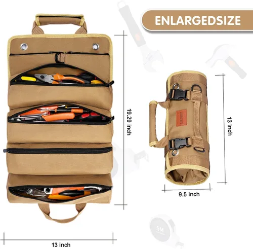 Miniatura 2 de Bolsa de herramientas enrollable, organizador de herramientas portátil resistente con 2 bolsas desmontables y 4 compartimentos, rollo de Caqui