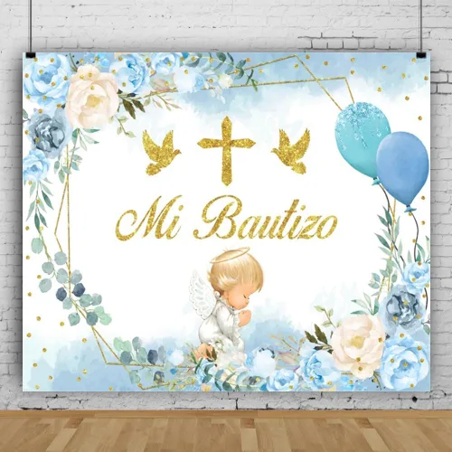 Miniatura 12 de Mi Bautizo - Telón de fondo de bautismo de 7 x 5 pies, decoración de bautizo para la primera comunión, flor azul, lindo ángel Dios bendiga fondo