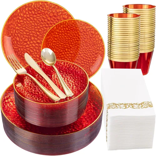 Miniatura 19 de DaYammi Juego de vajilla de plástico dorado transparente de 175 piezas, platos de plástico desechables martillados desechables para fiestas