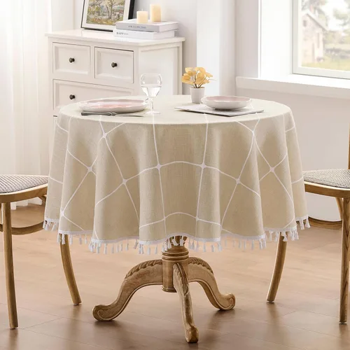 Miniatura 105 de ZeeMart - Mantel de mesa con diseño de cuadrícula boho y borlas (blanco roto, 132 cm x 132 cm), mantel de gran peso de lino a cuadros bordado