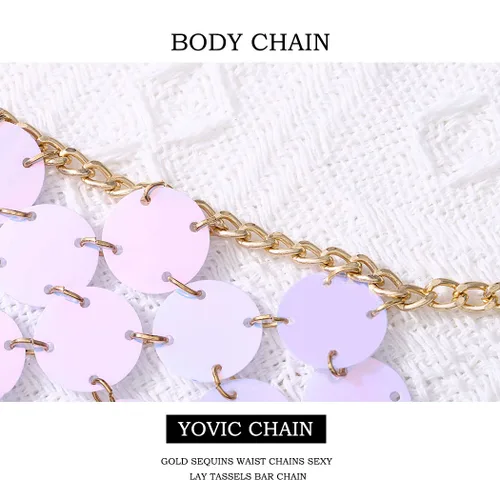 Miniatura 4 de Yovic Cadena de cuerpo bohemio con lentejuelas doradas, cadenas de cintura sexy con borlas, cadena de barra de borla para rave, club nocturno
