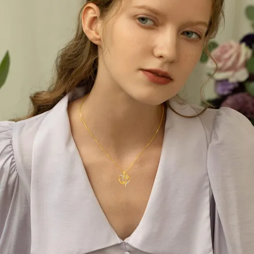 Miniatura 9 de Collar de flor de nacimiento de oro real de 14 quilates para mujer, oro amarillo creado moissanita con colgante de corazón, collares