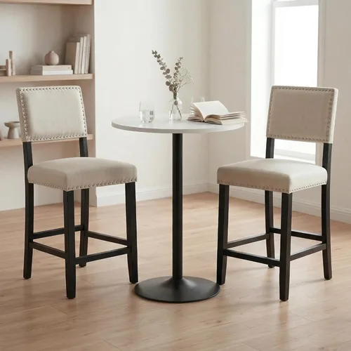Miniatura 7 de LSSBOUGHT Taburete de bar tapizado de tela de lino con patas de madera de goma, silla de bar con ribete clavado para isla de cocina