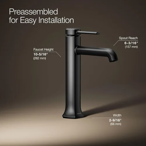 Miniatura 3 de Kohler 27003-4-BL Occasion - Grifo alto para lavabo de baño con una sola manija, 1.2 gpm, color negro mate Mate negro