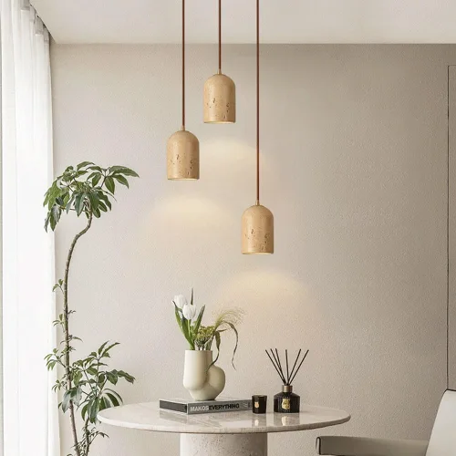 Miniatura 3 de Mini lámpara de isla de cocina, lámpara colgante de techo de cúpula de madera japonesa Wabi-Sabi con pantalla de travertino amarillo, lámpara