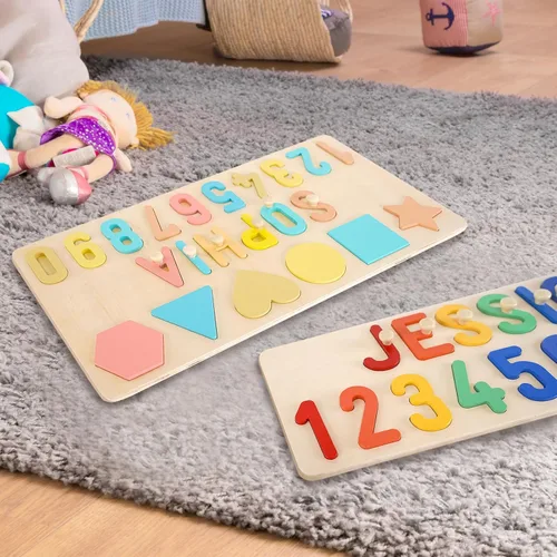 Miniatura 8 de Rompecabezas de nombres para bebés de 1 a 3 años, juguetes educativos de Navidad para niños de 1 a 3 años con número y formas, clavija y texto