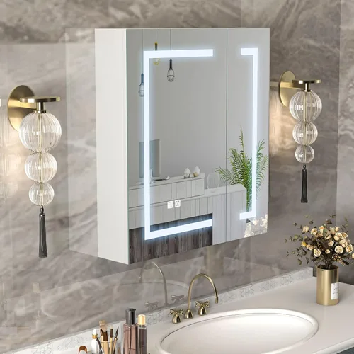 Miniatura 10 de Gabinetes de medicina LED para baño, botiquín iluminado con espejo, tocador de baño de montaje en superficie con almacenamiento, brillo ajustable