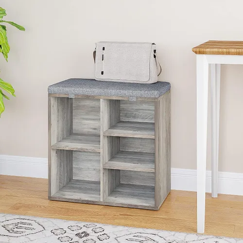 Miniatura 5 de coucheta Banco de almacenamiento de zapatos con cojín, armario de zapatos con asiento de cubo, banco pequeño con estante ajustable de 3 niveles