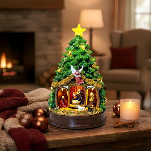 Miniatura 5 de Árbol de Navidad Iluminado y Animado Escena de Natividad del Pesebre, Figuras Musicales de la Familia de Ángeles con Luz LED que Reproduce Música