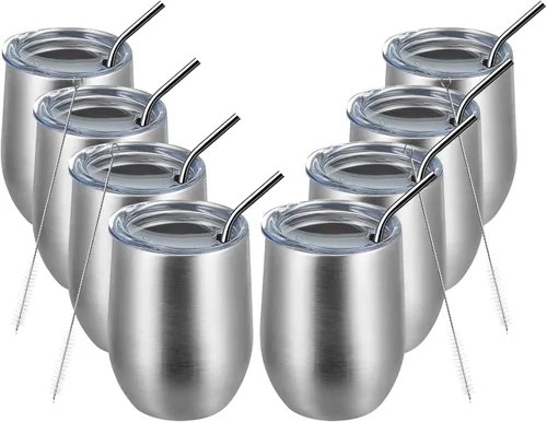 Miniatura 59 de MEWAY Vaso de vino sin tallo de 12 onzas con tapa, vaso de viaje de acero inoxidable con aislamiento de doble pared al vacío con popote, para Negro