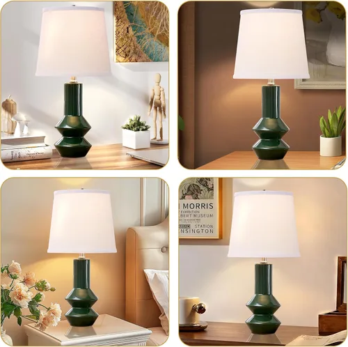 Miniatura 6 de Juego de 2 lámparas de mesa de cerámica verde oscuro de 20 pulgadas, regulables de 3 vías, modernas lámparas de mesita de noche con pantalla de lino