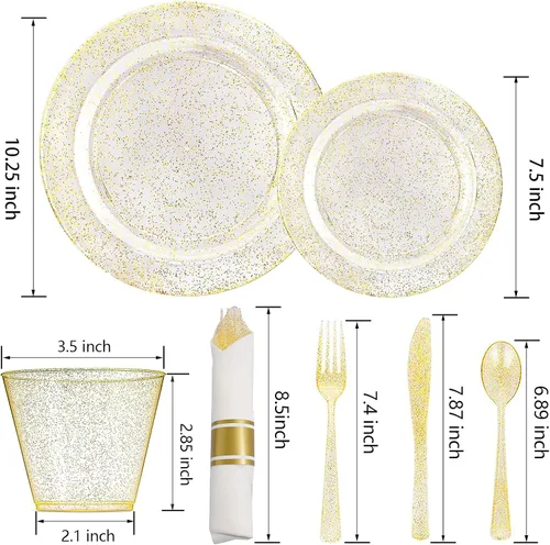 Miniatura 7 de DaYammi 112 platos de plástico con purpurina dorada, vajilla desechable dorada, platos de plástico dorados que incluyen 16 platos de postre, 16