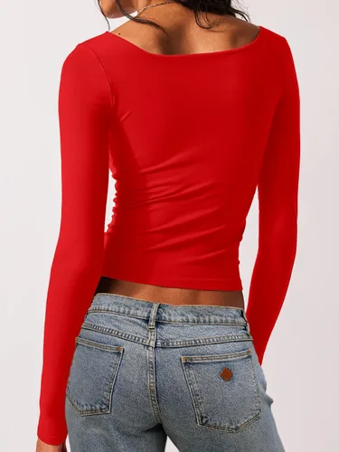 Miniatura 2 de Dwnval Camiseta corta sexy de manga larga para mujer, cuello cuadrado, doble forro, básica, ajustada