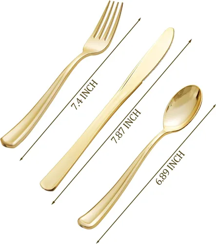 Miniatura 2 de bUCLA 600 cubiertos de plástico dorado – Utensilios dorados desechables – Juego de cubiertos de plástico resistente – 200 tenedores, 200 cucharas