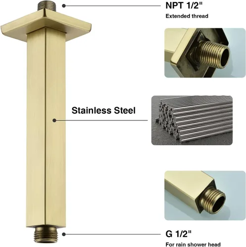 Miniatura 4 de Brazo de ducha de oro cepillado con brida de 6 pulgadas de acero inoxidable recto superior de lluvia cabezal de ducha de extensión de tubo cuadrado