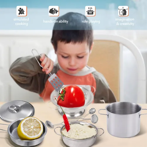 Miniatura 3 de Utensilios de cocina en miniatura, juguetes de cocina de juego de simulación, juego de cocina de acero inoxidable, juguetes de juego Montessori