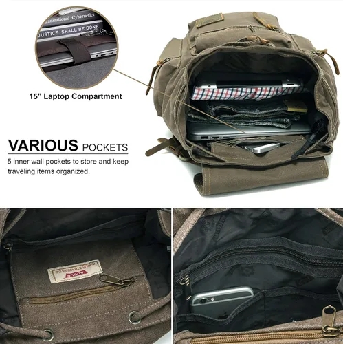 Miniatura 6 de HuaChen Mochila de viaje de lona vintage con ribete de cuero, funda acolchada para laptop, bolsillo de seguridad trasero oculto, se adapta a 14
