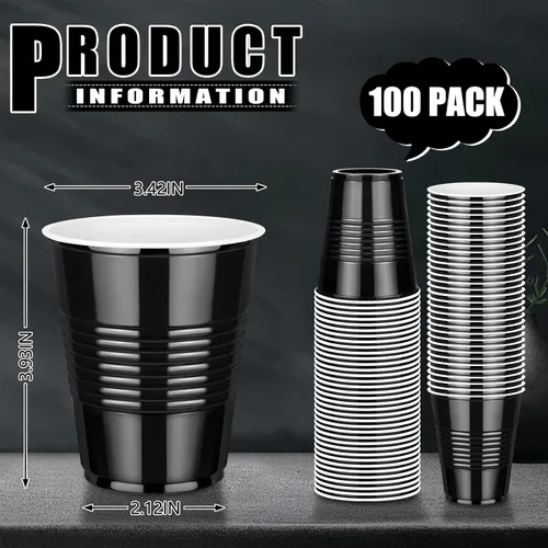 Miniatura 5 de Paquete de 100 vasos de plástico negros de 12 onzas, vasos desechables para fiestas, vasos de bebida resistentes, vasos de graduación para boda