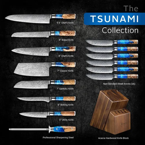 Miniatura 3 de SENKEN - Cuchillo de carnicero de acero Damasco, colección Tsunami, acero japonés VG10 de 67 capas, resina azul única y mango de madera natural