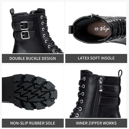 Miniatura 3 de Vepose Botas de combate para mujer, botines de plataforma con cordones y tacón grueso con cremallera