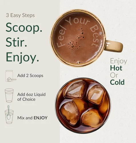 Miniatura 5 de BIOptimizers Café de Setas Alternativo – Bebida de Chocolate – Mane de León, Chaga, Reishi + Péptidos de Colágeno para Enfoque, Energía y Salud