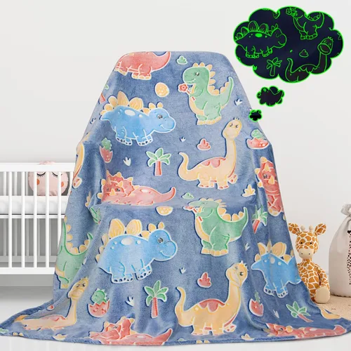 Miniatura 18 de Gdindff Bonita manta infantil que brilla en la oscuridad con diseño de dinosaurio para niños, de franela que brilla en la cama, sofá, sofá, manta
