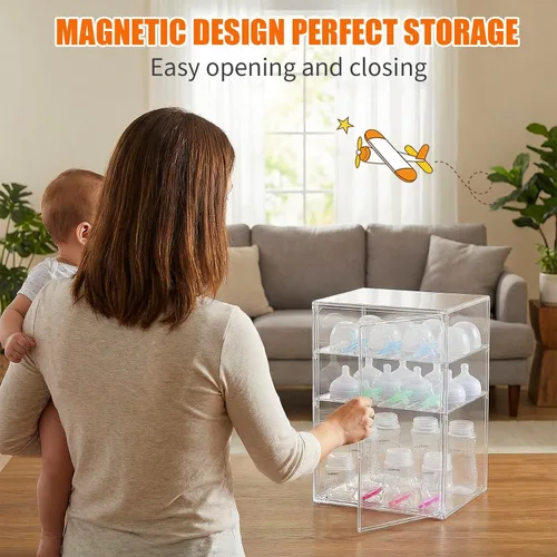 Miniatura 7 de YESGIRL Organizador de biberones transparente de 3 niveles, almacenamiento acrílico apilable transparente con cajón para encimera, estación