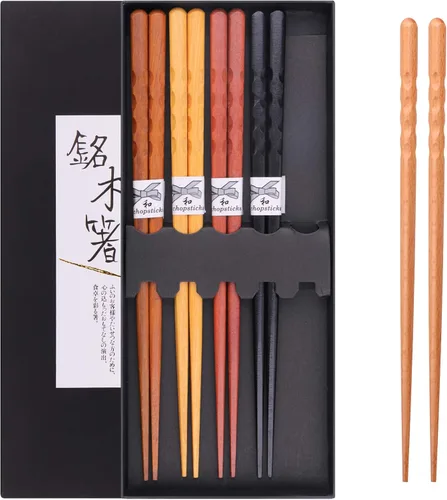 Miniatura 7 de GLAMFIELDS Palillos Reutilizables de Madera Natural Japonesa 5 Pares Estilo Clásico Ligeros Tallados a Mano Seguros Palillos 8.8 Pulgadas/22.5cm