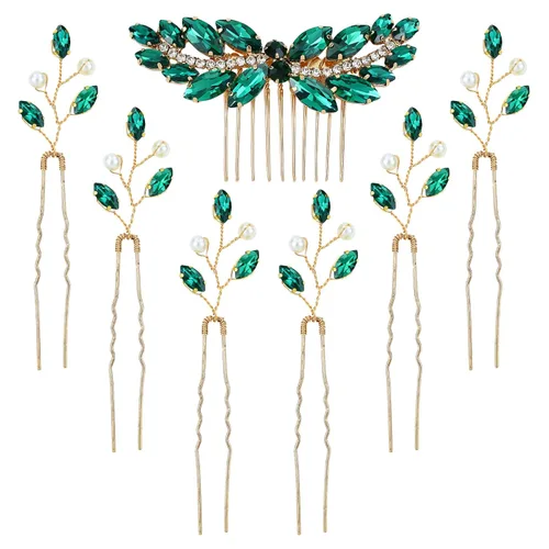 inSowni 7 piezas vintage de graduación nupcial con purpurina verde con diamantes de imitación de cristal dorado de metal dorado peines laterales