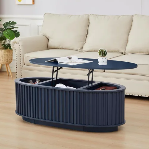 Miniatura 14 de Mesa auxiliar ovalada de 43.3 pulgadas, mesa de centro acanalada con compartimento de almacenamiento oculto, mesa de comedor moderna de mediados
