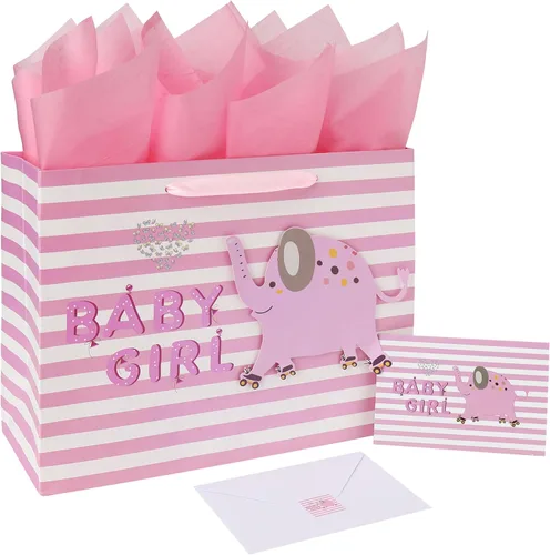 wishinside Juego de bolsa de regalo rosa grande de 13 pulgadas con tarjeta de felicitación y papel de seda (elefante 3D) para bebé, baby shower,