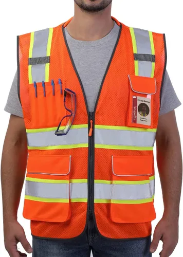Neopelta Chaleco de seguridad reflectante de malla naranja, chaleco de alta visibilidad con bolsillos y cremallera, cuello acolchado, chaleco de