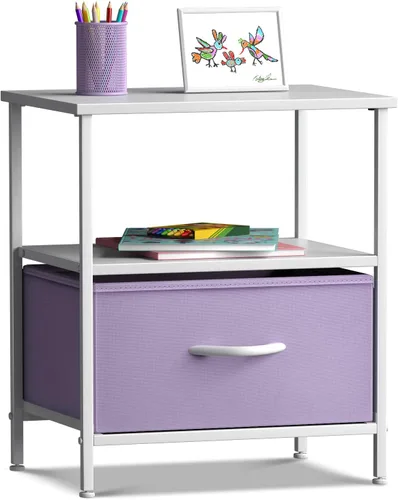 Miniatura 8 de Sorbus Mesita de noche con 1 cajón, mueble de noche y mesa auxiliar con marco de acero, parte superior de madera y contenedores de tela fáciles
