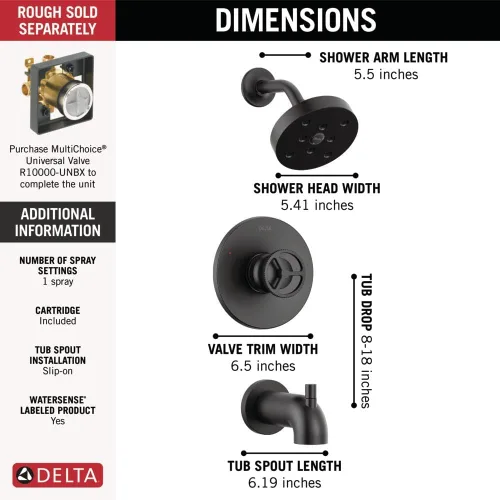 Miniatura 4 de Delta Trinsic Serie 14 H2Okinetic T14458-BL - Juego de grifo de ducha y regadera negro mate, kit de moldura de válvula, negro mate T14458-BL