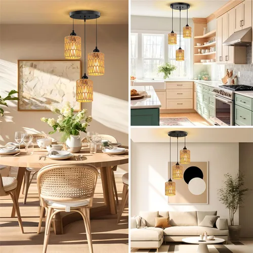 Miniatura 7 de Lámpara Colgante de Ratán de 3 Luces, Lámpara Colgante Bohemia de Granja con Pantallas de Mimbre Tejidas a Mano para Comedor, Isla de Cocina