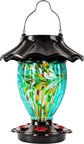Miniatura 9 de LUJII Comedero solar para colibríes para colgar al aire libre con cambio de color, depósito de vidrio soplado a mano, 32 onzas líquidas, nunca Rojo